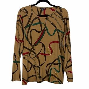 Lauren Ralph Lauren Casual Equestrian Print Long Sleeve Cotton Blend Top 2X Tan